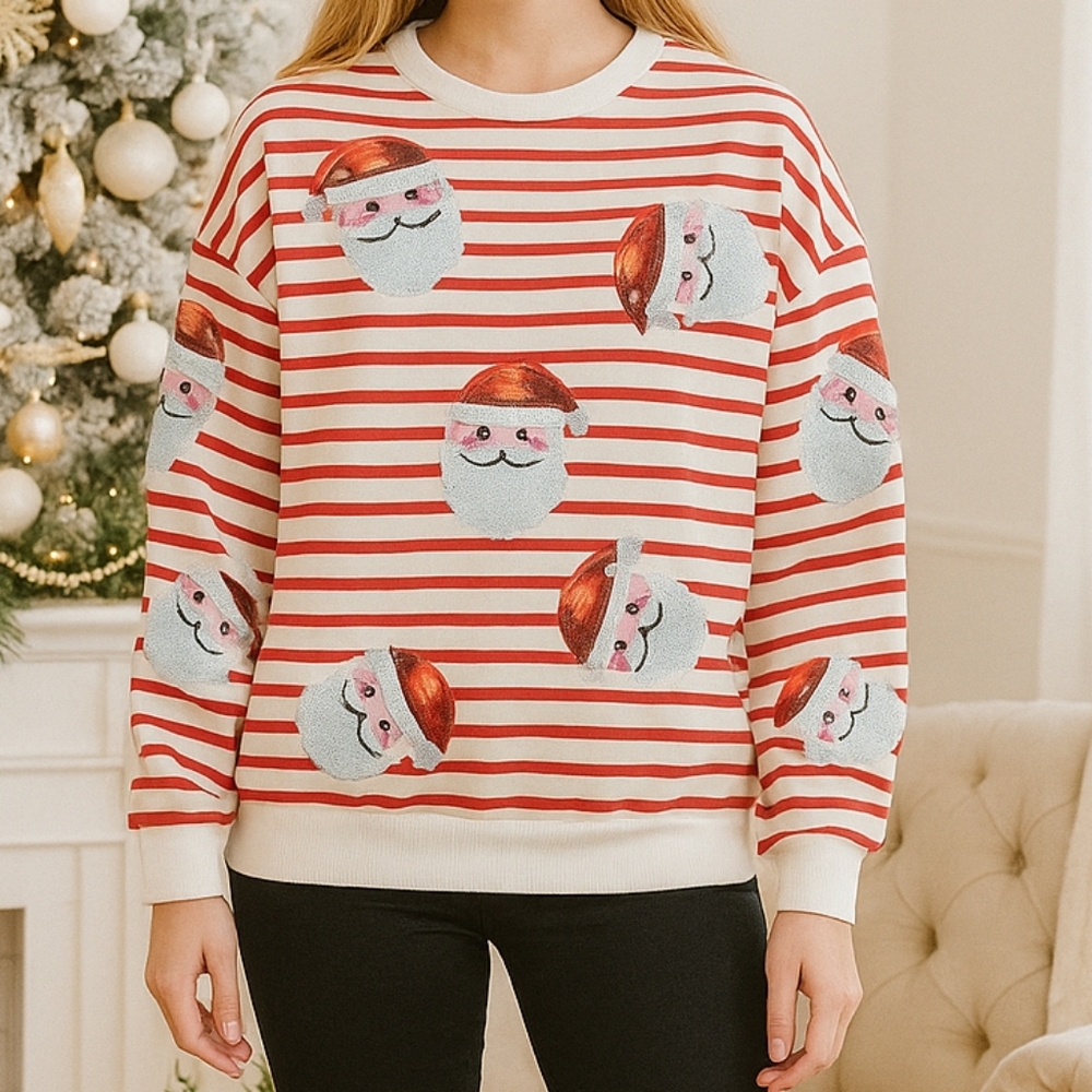 Sequin Santa Sweatshirt Holiday Sparkle Long Sleeve Christmas Sweater Shirt Top